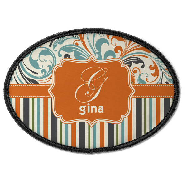 Custom Orange Blue Swirls & Stripes Iron On Oval Patch w/ Name and Initial