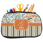 Orange Blue Swirls & Stripes Neoprene Pencil Case - Medium w/ Name and Initial