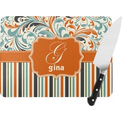 Orange Blue Swirls & Stripes Rectangular Glass Cutting Board (Personalized)