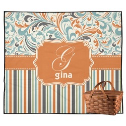 Orange Blue Swirls & Stripes Outdoor Picnic Blanket (Personalized)