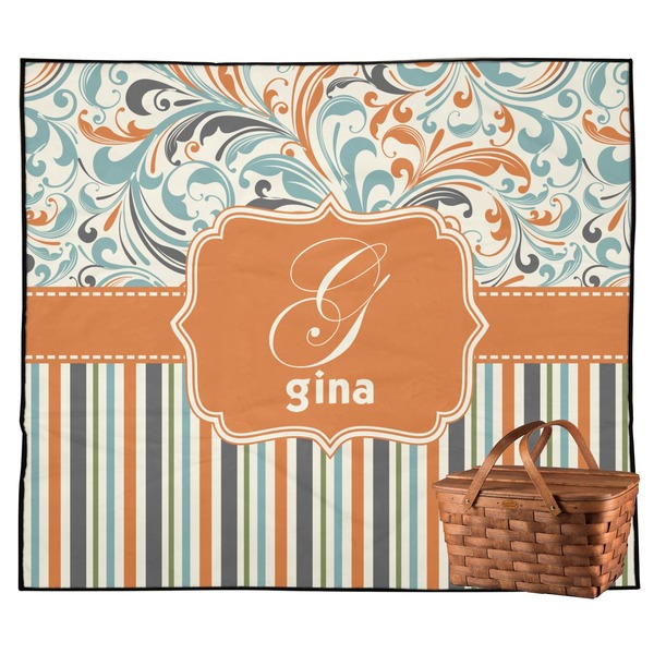 Custom Orange Blue Swirls & Stripes Outdoor Picnic Blanket (Personalized)