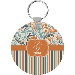 Orange Blue Swirls & Stripes Round Plastic Keychain (Personalized)