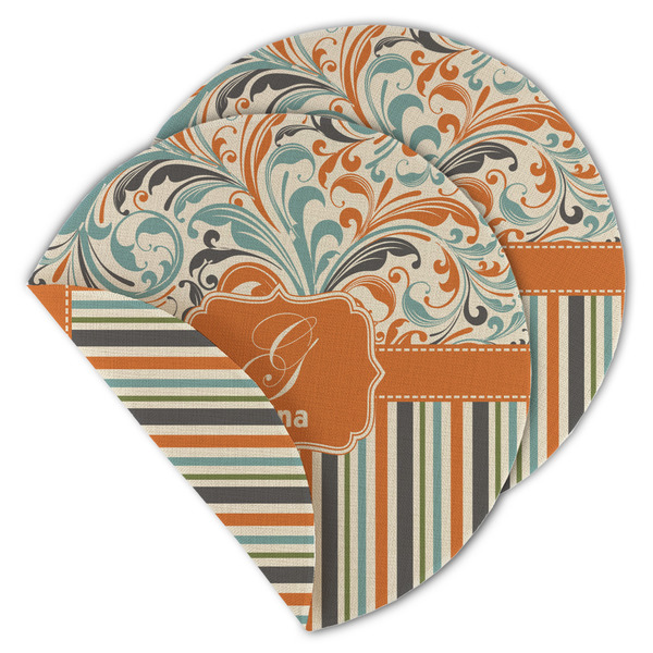 Custom Orange Blue Swirls & Stripes Round Linen Placemat - Double Sided (Personalized)