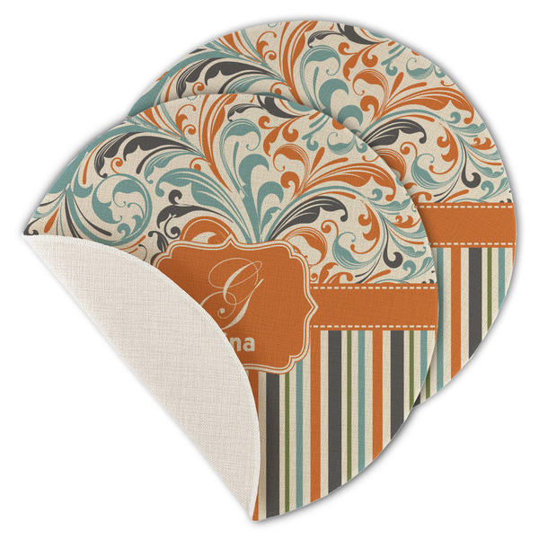 Custom Orange Blue Swirls & Stripes Round Linen Placemat - Single Sided - Set of 4 (Personalized)