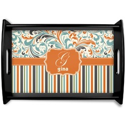 Orange Blue Swirls & Stripes Black Wooden Tray - Small (Personalized)