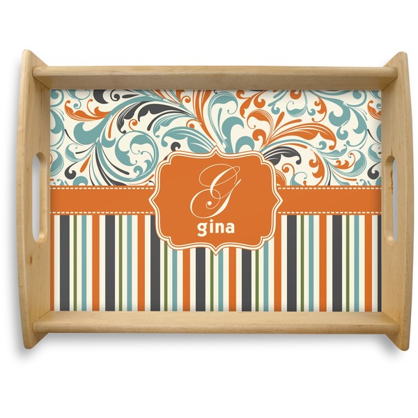 Custom Orange Blue Swirls & Stripes Natural Wooden Tray - Large (Personalized)