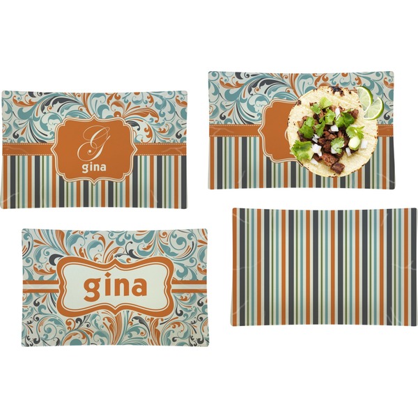 Custom Orange Blue Swirls & Stripes Set of 4 Glass Rectangular Lunch / Dinner Plate (Personalized)