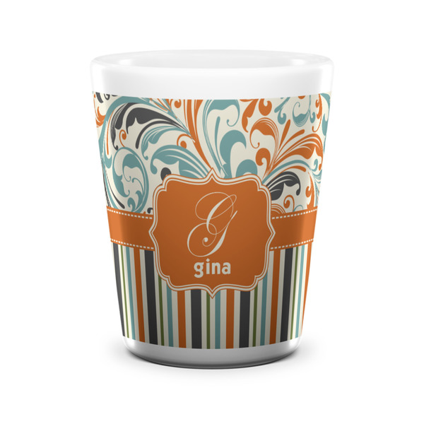 Custom Orange Blue Swirls & Stripes Ceramic Shot Glass - 1.5 oz - White - Single (Personalized)