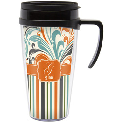 Orange Blue Swirls & Stripes Acrylic Travel Mug with Handle (Personalized)