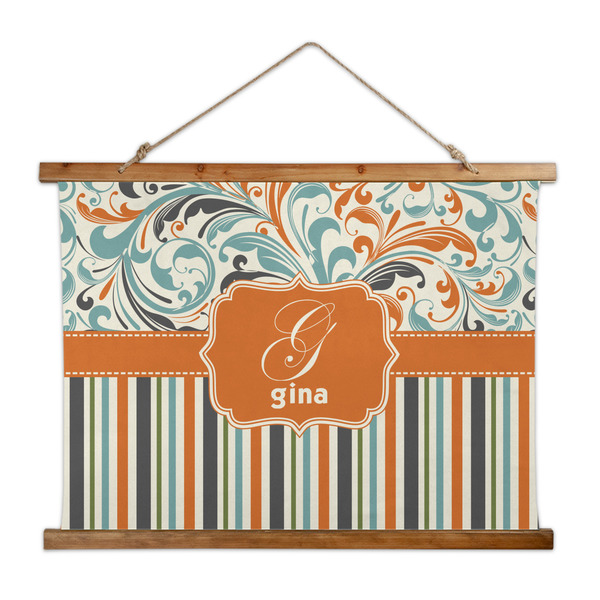 Custom Orange Blue Swirls & Stripes Wall Hanging Tapestry - Wide (Personalized)