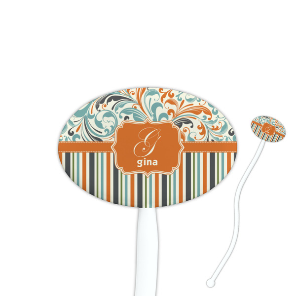 Custom Orange Blue Swirls & Stripes 7" Oval Plastic Stir Sticks - White - Single Sided (Personalized)