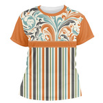 Orange Blue Swirls & Stripes Women's Crew T-Shirt - X Large