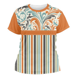 Orange Blue Swirls & Stripes Women's Crew T-Shirt - Medium
