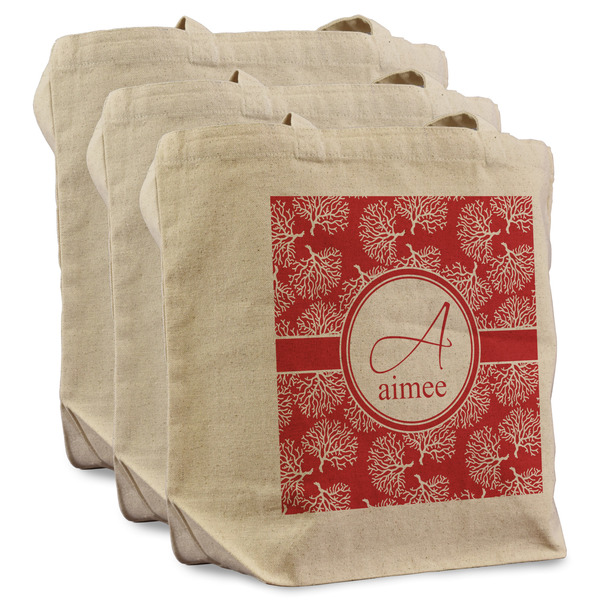 Custom Coral Reusable Cotton Grocery Bags - Set of 3 (Personalized)