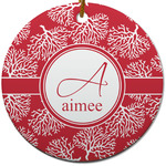 Coral Round Ceramic Ornament w/ Name and Initial