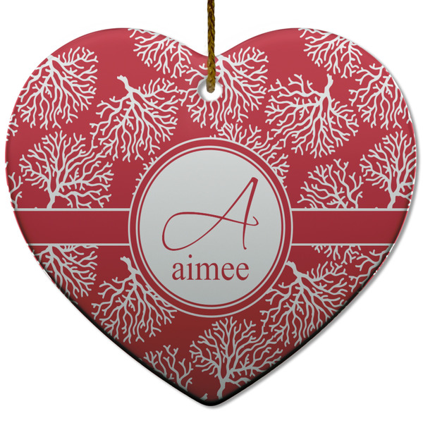 Custom Coral Heart Ceramic Ornament w/ Name and Initial