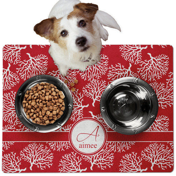 Custom Coral Dog Food Mat - Medium w/ Name and Initial