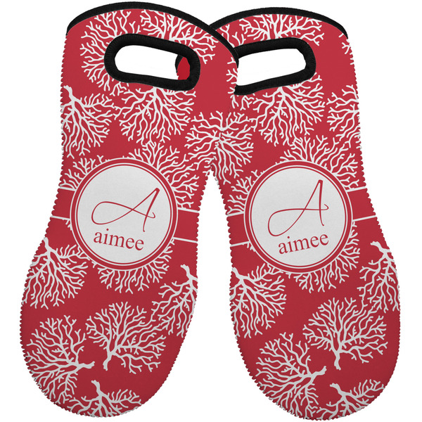 Custom Coral Neoprene Oven Mitts - Set of 2 w/ Name and Initial