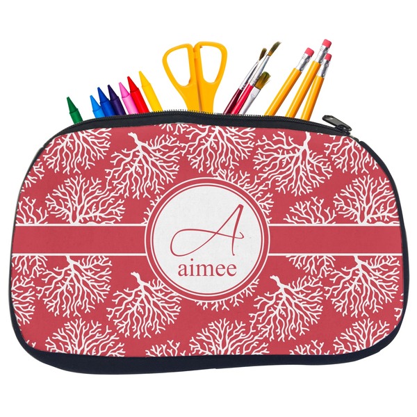 Custom Coral Neoprene Pencil Case - Medium w/ Name and Initial