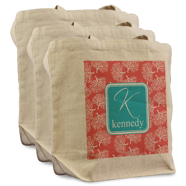 Custom Coral & Teal Reusable Cotton Grocery Bags - Set of 3 (Personalized)