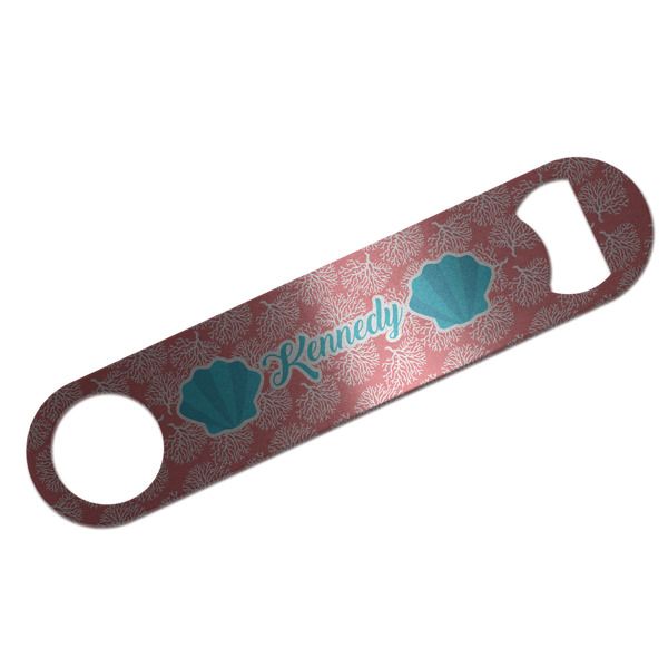 Custom Coral & Teal Bar Bottle Opener - Silver w/ Name and Initial