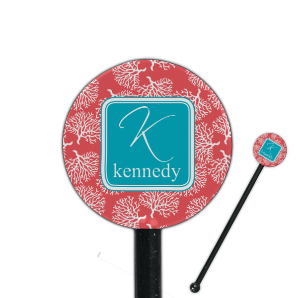 Custom Coral & Teal 5.5" Round Plastic Stir Sticks - Black - Double Sided (Personalized)