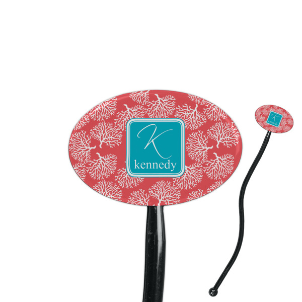 Custom Coral & Teal 7" Oval Plastic Stir Sticks - Black - Single Sided (Personalized)