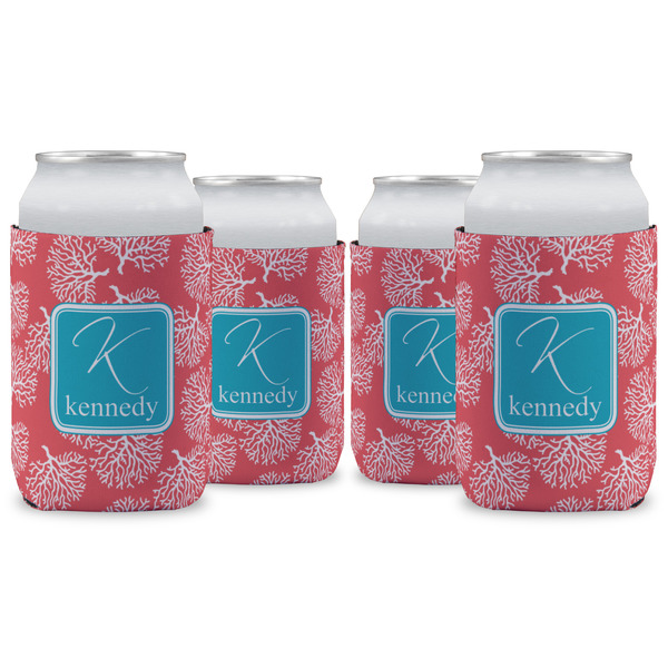 Custom Coral & Teal Can Cooler (12 oz) - Set of 4 w/ Name and Initial