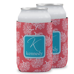Coral & Teal Can Cooler (12 oz) w/ Name and Initial