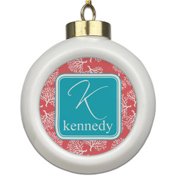 Coral & Teal Ceramic Ball Ornament (Personalized)
