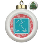 Coral & Teal Ceramic Ball Ornament - Christmas Tree (Personalized)