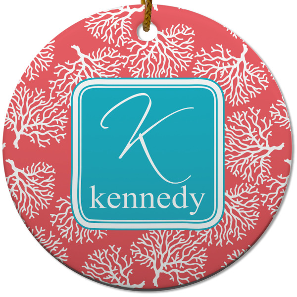 Custom Coral & Teal Round Ceramic Ornament w/ Name and Initial