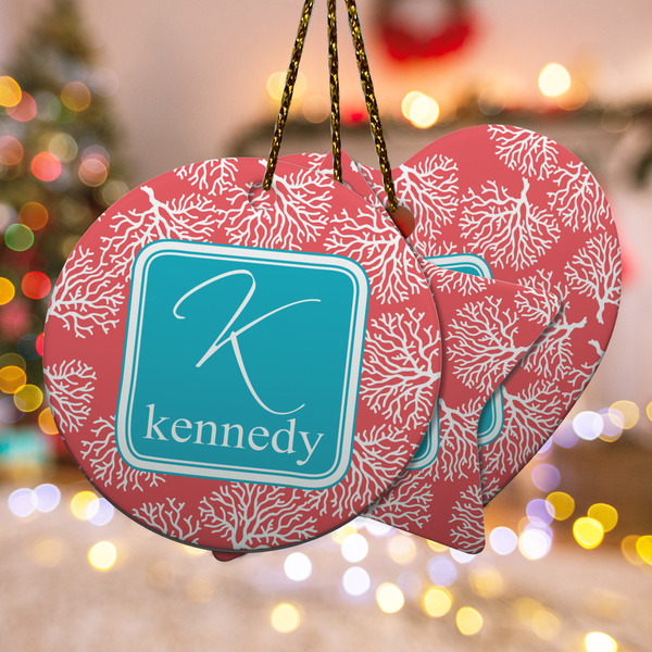 Custom Coral & Teal Ceramic Ornament w/ Name and Initial