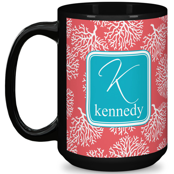 Custom Coral & Teal 15 Oz Coffee Mug - Black (Personalized)