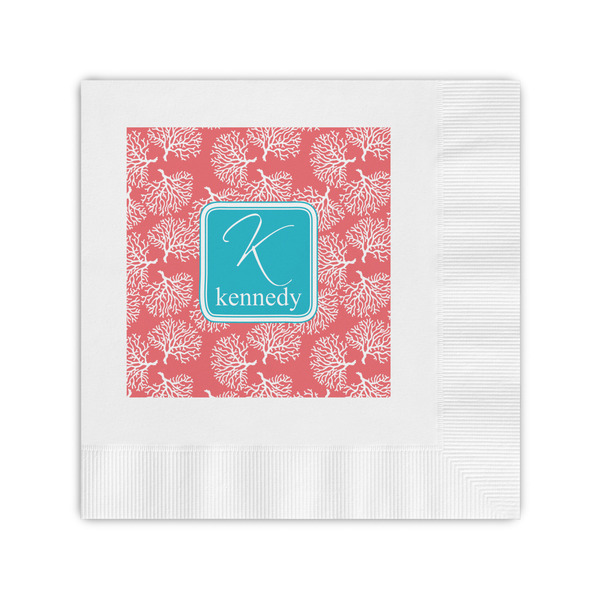 Custom Coral & Teal Coined Cocktail Napkins (Personalized)