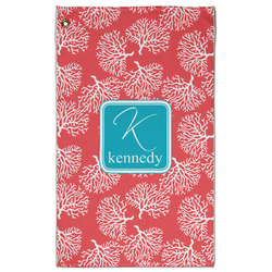 Coral & Teal Golf Towel - Poly-Cotton Blend - Large w/ Name and Initial