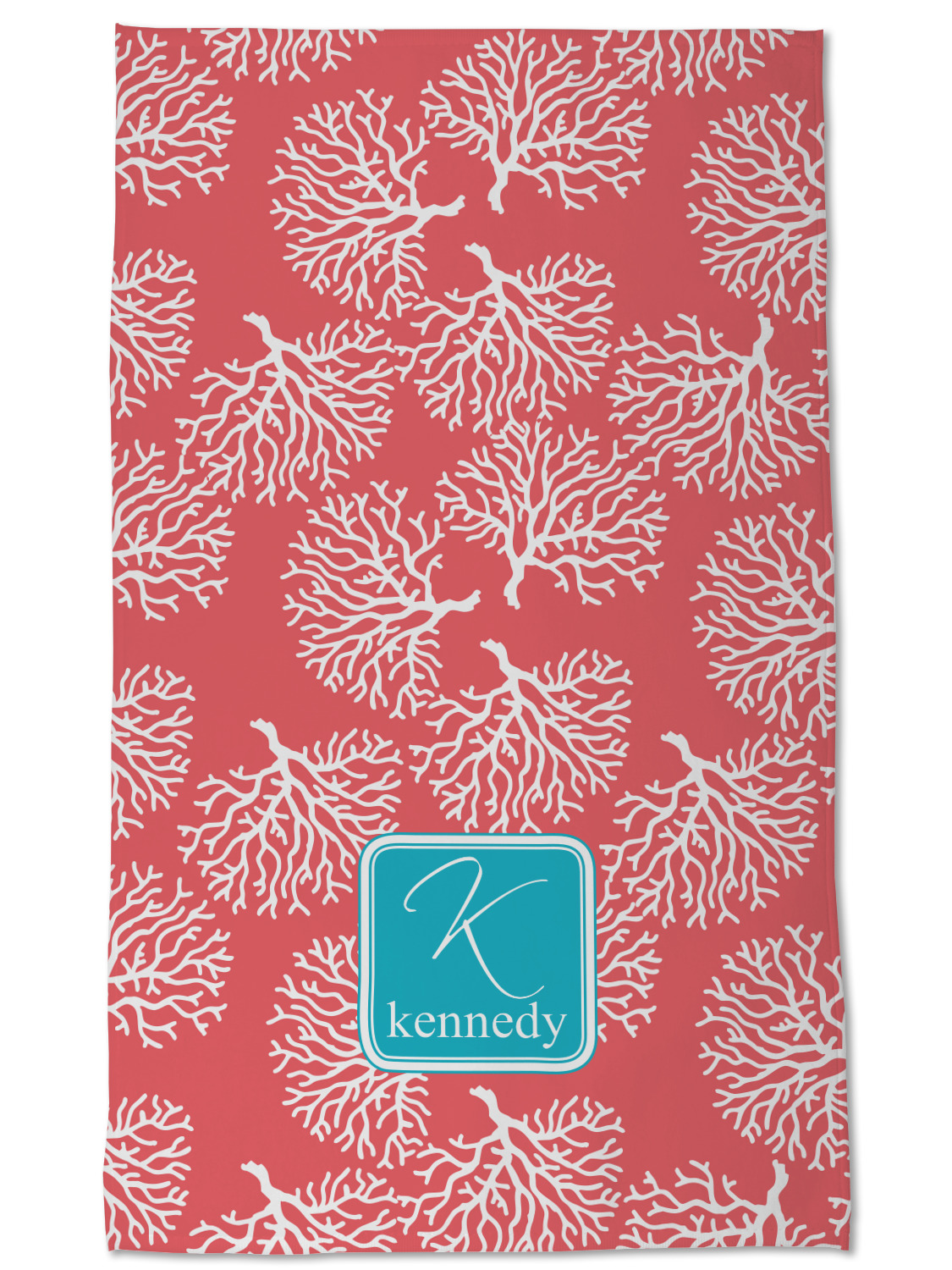 Custom Coral Teal Kitchen Towel Poly Cotton W Name And Initial   Coral Teal Kitchen Towel Full Updated 