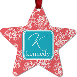 Coral & Teal Metal Star Ornament - Double Sided w/ Name and Initial
