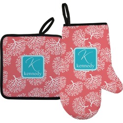 Coral & Teal Right Oven Mitt & Pot Holder Set w/ Name and Initial