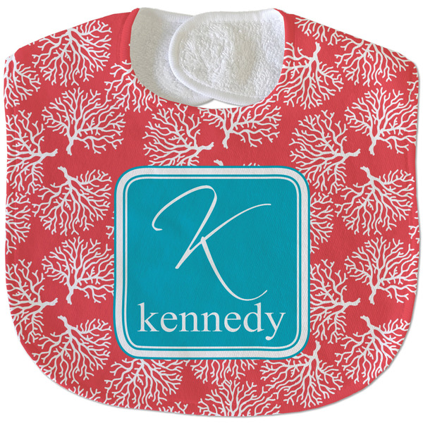 Custom Coral & Teal Velour Baby Bib w/ Name and Initial