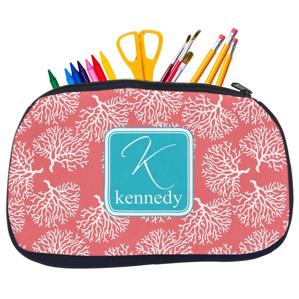 Custom Coral & Teal Neoprene Pencil Case - Medium w/ Name and Initial