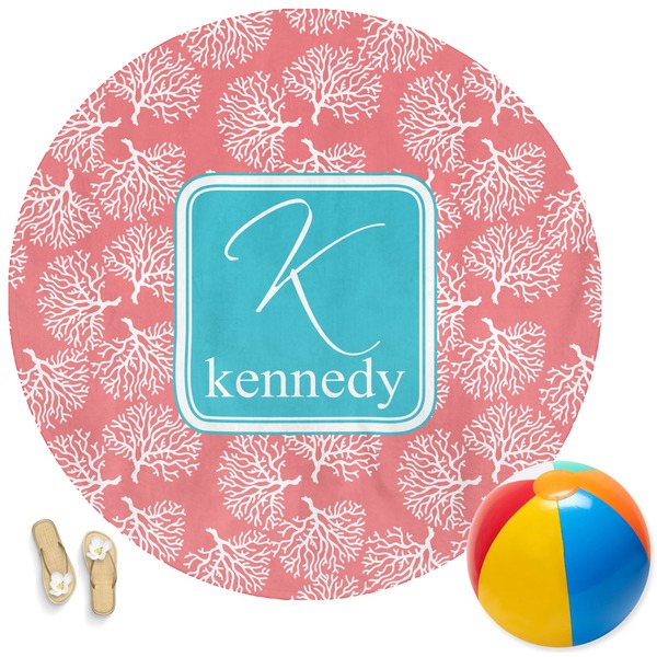 Custom Coral & Teal Round Beach Towel (Personalized)