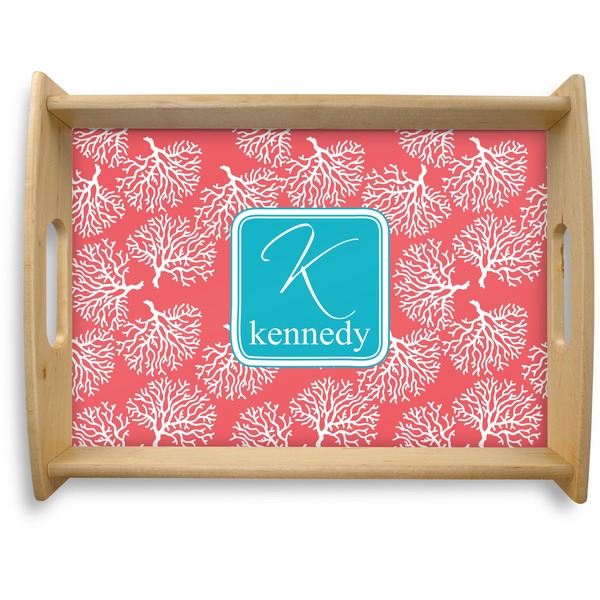 Custom Coral & Teal Natural Wooden Tray - Large (Personalized)