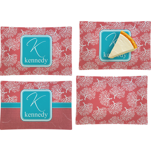 Custom Coral & Teal Set of 4 Glass Rectangular Appetizer / Dessert Plate (Personalized)