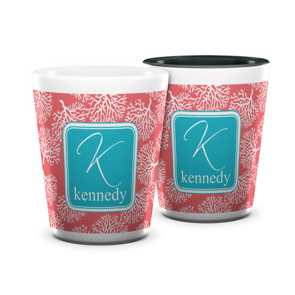 Custom Coral & Teal Ceramic Shot Glass - 1.5 oz (Personalized)