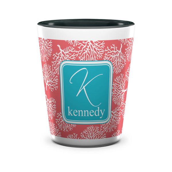 Custom Coral & Teal Ceramic Shot Glass - 1.5 oz - Two Tone - Single (Personalized)