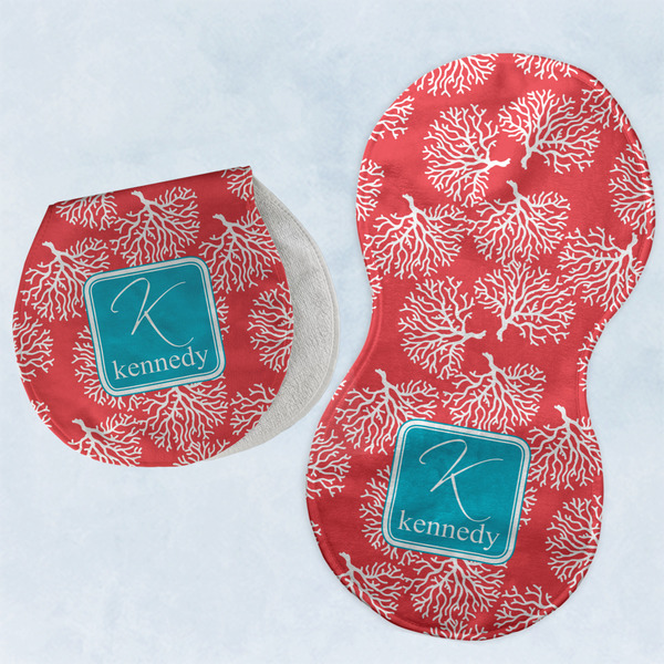 Custom Coral & Teal Burp Pads - Velour - Set of 2 w/ Name and Initial