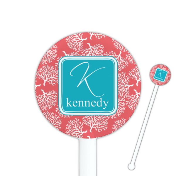 Custom Coral & Teal 5.5" Round Plastic Stir Sticks - White - Single Sided (Personalized)