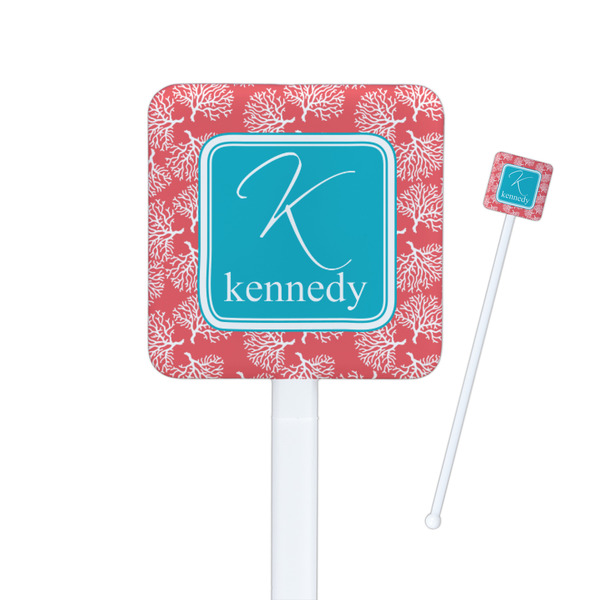 Custom Coral & Teal Square Plastic Stir Sticks - Double Sided (Personalized)