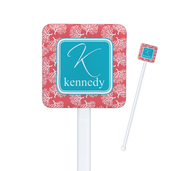 Custom Coral & Teal Square Plastic Stir Sticks (Personalized)